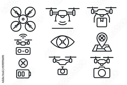 Drone icon set featuring delivery, camera, and controller elements
