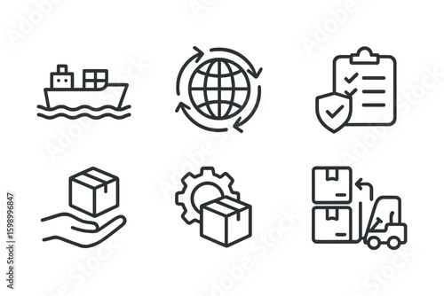 Logistics and shipping icons featuring globe, cargo ship, and packages