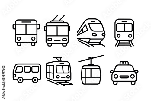 Set of simple line icons for various types of public transportation