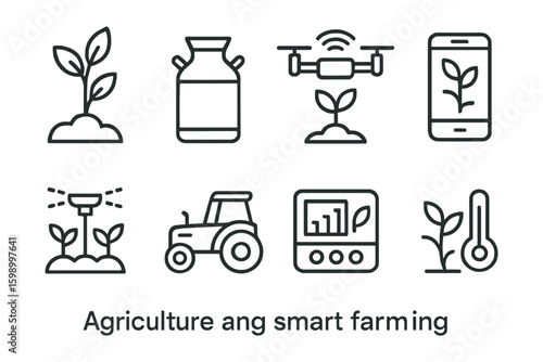 Smart farming technology icons featuring drone, tractor, and mobile integration