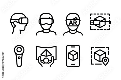Virtual and augmented reality icons: headsets, controllers, ar, vr, 3d visualization