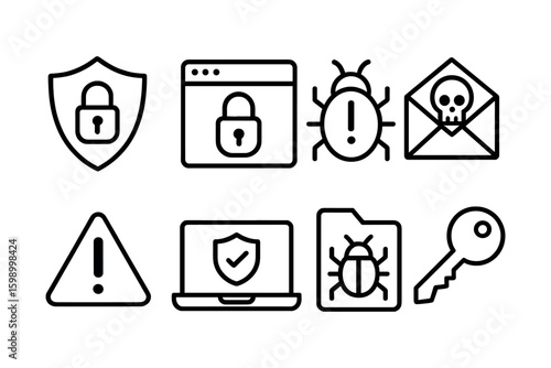 Cybersecurity icons representing online threats and protection measures