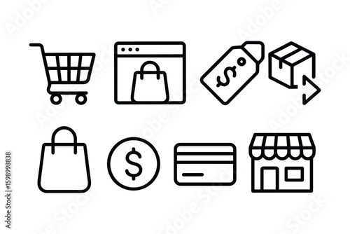 Online shopping icons: cart, price tags, and payment symbols