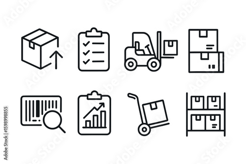 Warehouse management icons: boxes, inventory, forklift, and shelving