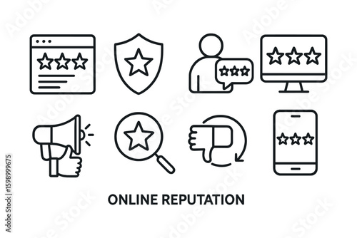 Icons depicting online reputation management and user feedback