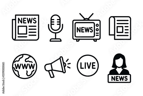 News icons set: newspaper, microphone, tv, internet, broadcast symbols