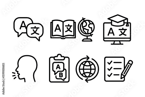 Language learning icons set with book, globe, computer, and checklist