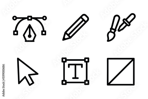 Graphic design tools icons including pen tool, pencil, brushes, cursor, and text box