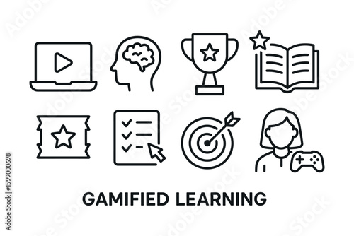 Icons depicting gamified learning elements including brain, trophy, and game controller