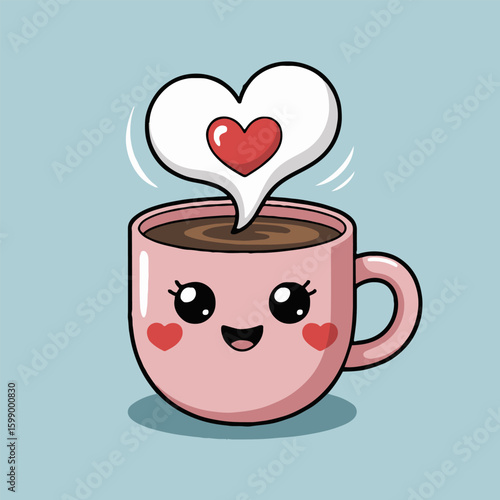 A cute pink coffee mug with a happy face and a heart shaped steam on a light blue background