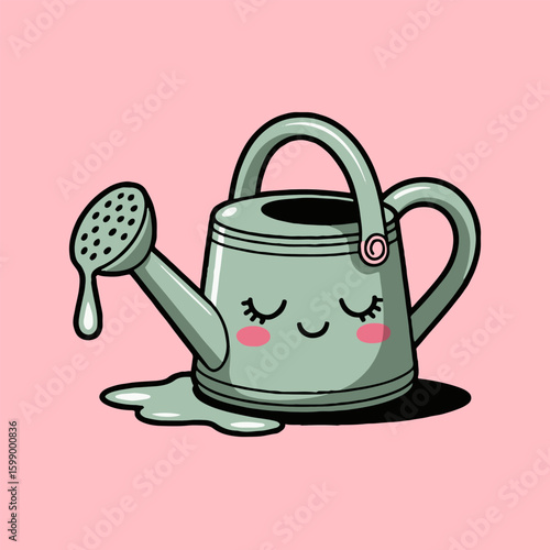 A cartoon watering can with a cute face and closed eyes on a pink background with a shadow casted