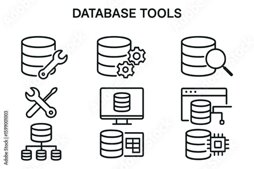 Database tools icons: gears, wrench, magnifying glass, hierarchy, and monitor