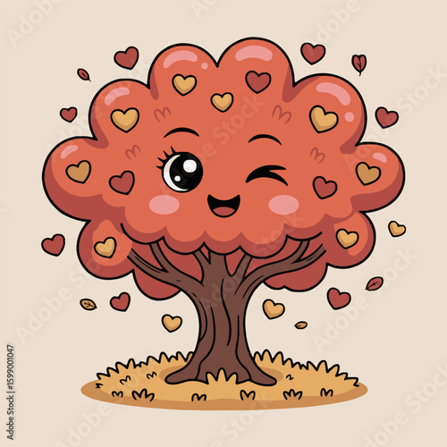 A cartoon tree with a face and heart shaped leaves winking on a beige background illustration