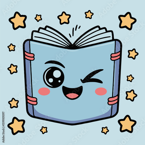 A cartoon open book with a winking face surrounded by yellow stars on a light blue background