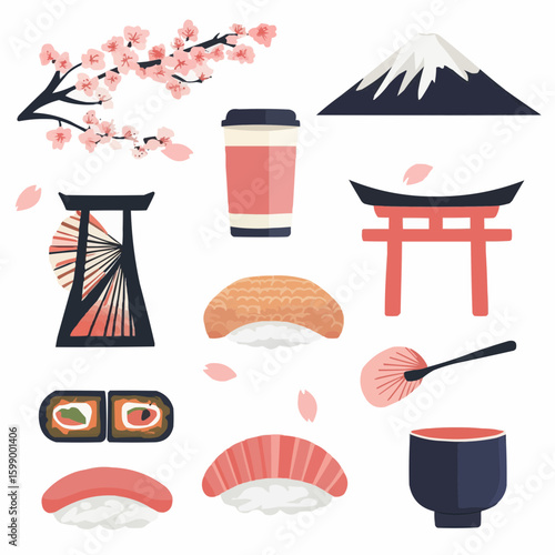 旅をテーマにした和風クリップアート素材。
Mount Fuji and traditional items set for printable travel journals, memory pages and travel scrapbooks