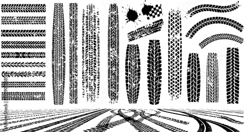 Tire tracks after skidding, launch, drift, powerslide in motorsport, rally, off-road, motocross. Wheel texture with splash effect. Vector, EPS version.