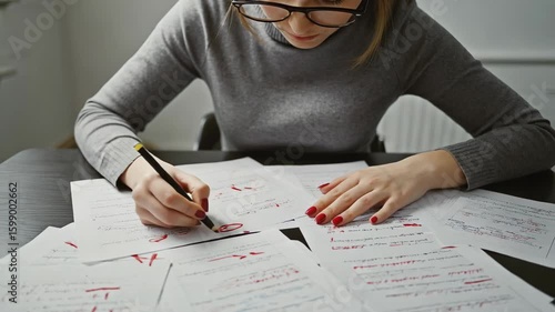 Educator Reviewing Student Homework with Red Ink Corrections on Paper