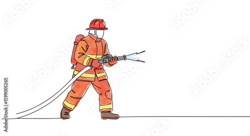 Firefighter with Hose Symbolizing Emergency Service and Safety — one line doodle drawing with watercolor fill, minimalistic vector illustration on white background