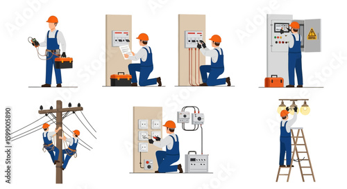 Illustrations depicting an electrician performing various electrical tasks, including meter reading, panel installation, and working on power lines and lighting fixtures.