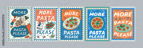 Fun Italian Pasta Vector Illustration – Modern Food Art with Spaghetti, Tomato, Fork, Plate, Typography for Kitchen Poster, Cafe Wall Decor, Background, Bon Appetit Concept