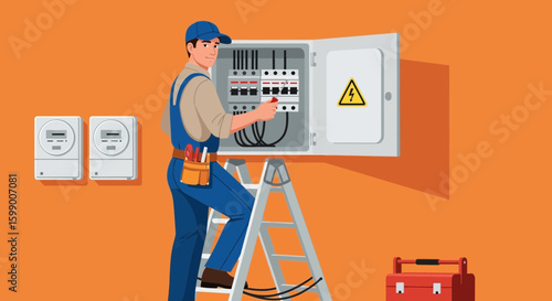 An electrician on a ladder is working on an electrical panel, with meters on the wall and a toolbox nearby.