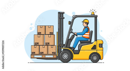 Cartoon illustration of a worker operating a yellow forklift carrying a pallet loaded with cardboard boxes against a light blue background.