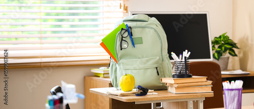 Apple with backpack on desk...