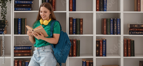 Happy female student with h...