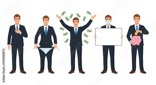 Five business man illustrations showing financial status: successful, broke, rich, masked with sign, and saving.