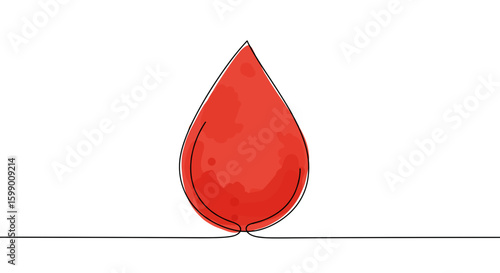 Blood drop representing donation and medical care — one line doodle drawing with watercolor fill, minimalistic vector illustration on white background