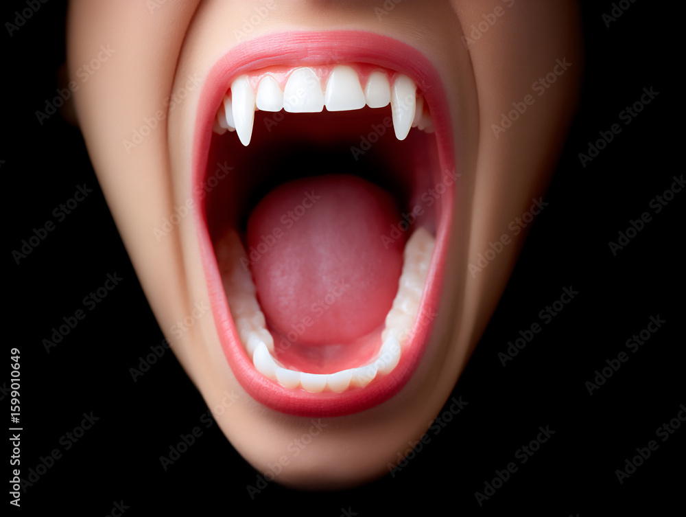 Naklejka premium close-up photograph of a mouth with sharp, unnatural teeth slightly agape