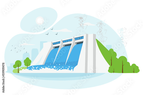 Vector illustration of hydroelectric dam in flat style, blue and gray colors, renewable energy and water power concept