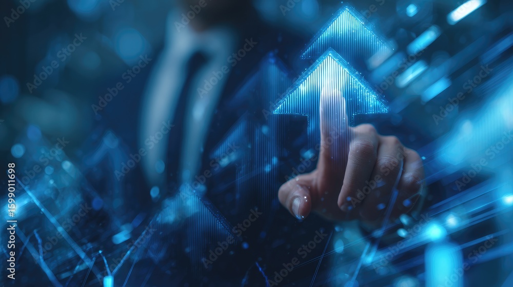 Fototapeta premium Business hand interacts with digital up arrow graphic