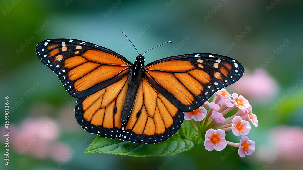 Fototapeta premium serene photograph of a monarch butterfly with vibrant orange and black wings resting on a flower