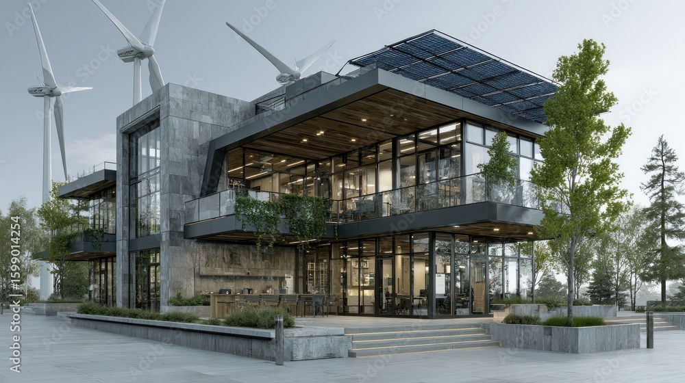 Fototapeta premium Sustainable Modern Office Building with Wind Turbines and Solar Panels