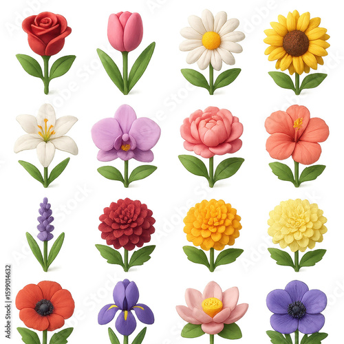 Floral 3d icon set. featuring rose, daisy, sunflower, lily, orchid, peony, hibiscus, and more.