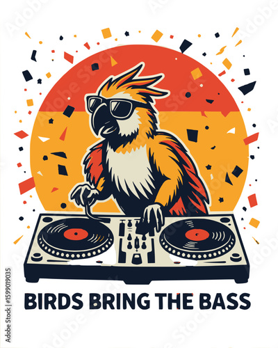 DJ bird playing music at a colorful party scene