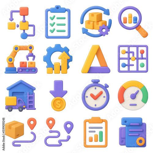 Business 3d icon set. containing workflow, checklist, analytics, logistics, automation, planning, tracking and more.
