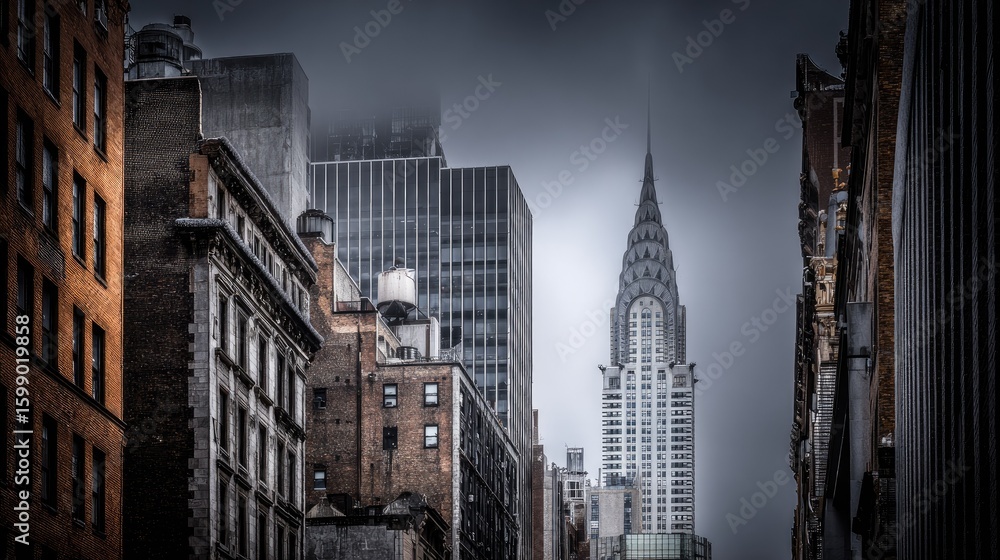 Fototapeta premium Foggy city skyline, looking up at skyscrapers