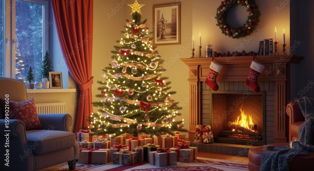 Fototapeta premium Cozy living room decorated for Christmas, featuring a lit tree, fireplace, and presents.