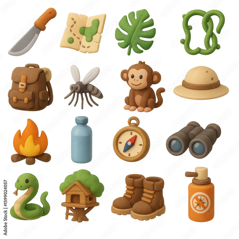 Fototapeta premium Adventure flat icons set. containing machete, map, leaf, vines, backpack, mosquito, monkey, hat, fire, and more.