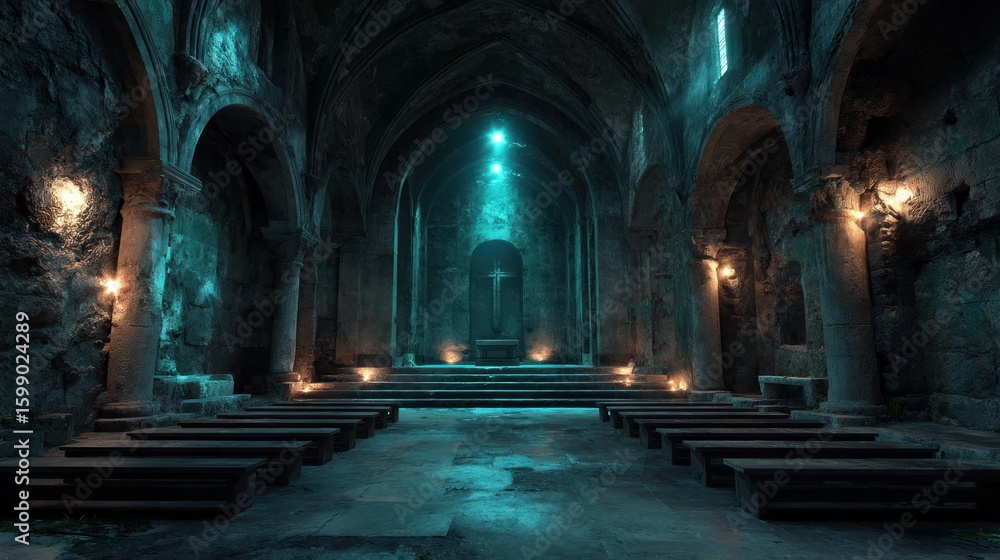 Fototapeta premium Mysterious ancient church interior with stone arches and illumination