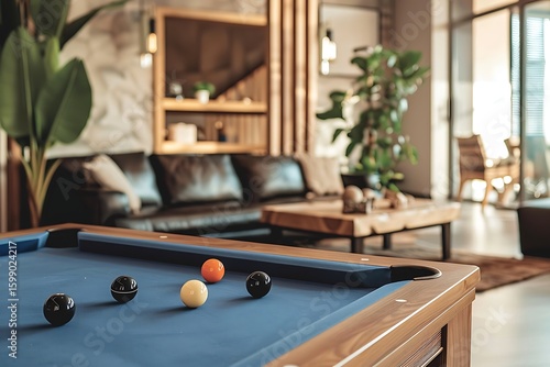 Billiard balls on a pool table in a modern interior setting, perfect for leisure and recreation