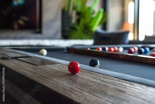 Pool table with billiard balls ready for a game, showcasing leisure and entertainment activity