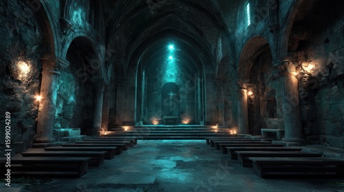 Mysterious ancient church interior with stone arches and illumination