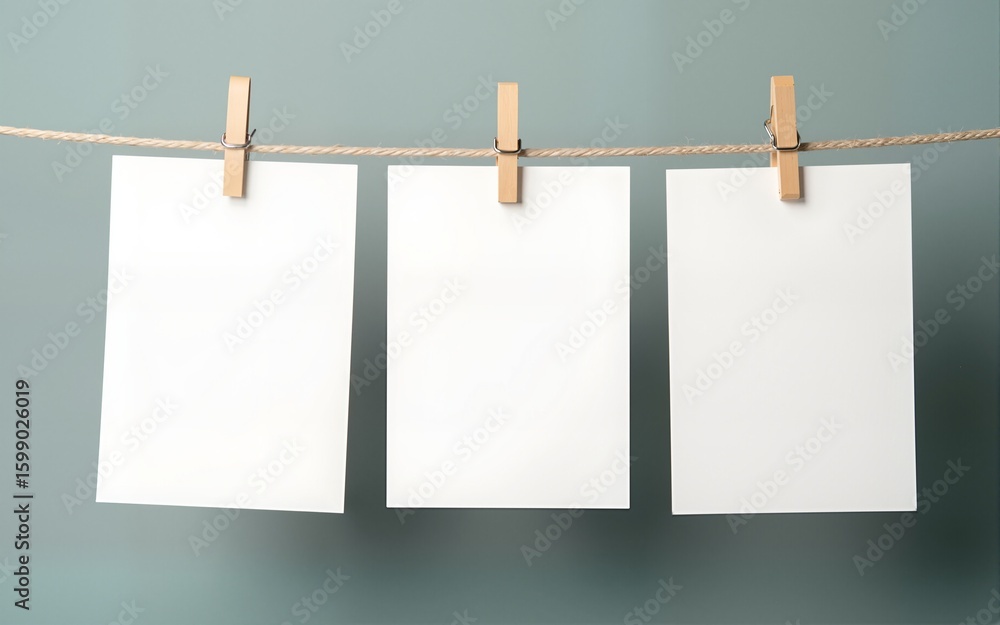 Three blank cards hang from a rope with wooden clothespins against a muted background. High quality Three blank cards hang from a rope with wooden clothespins against a muted background. High quality