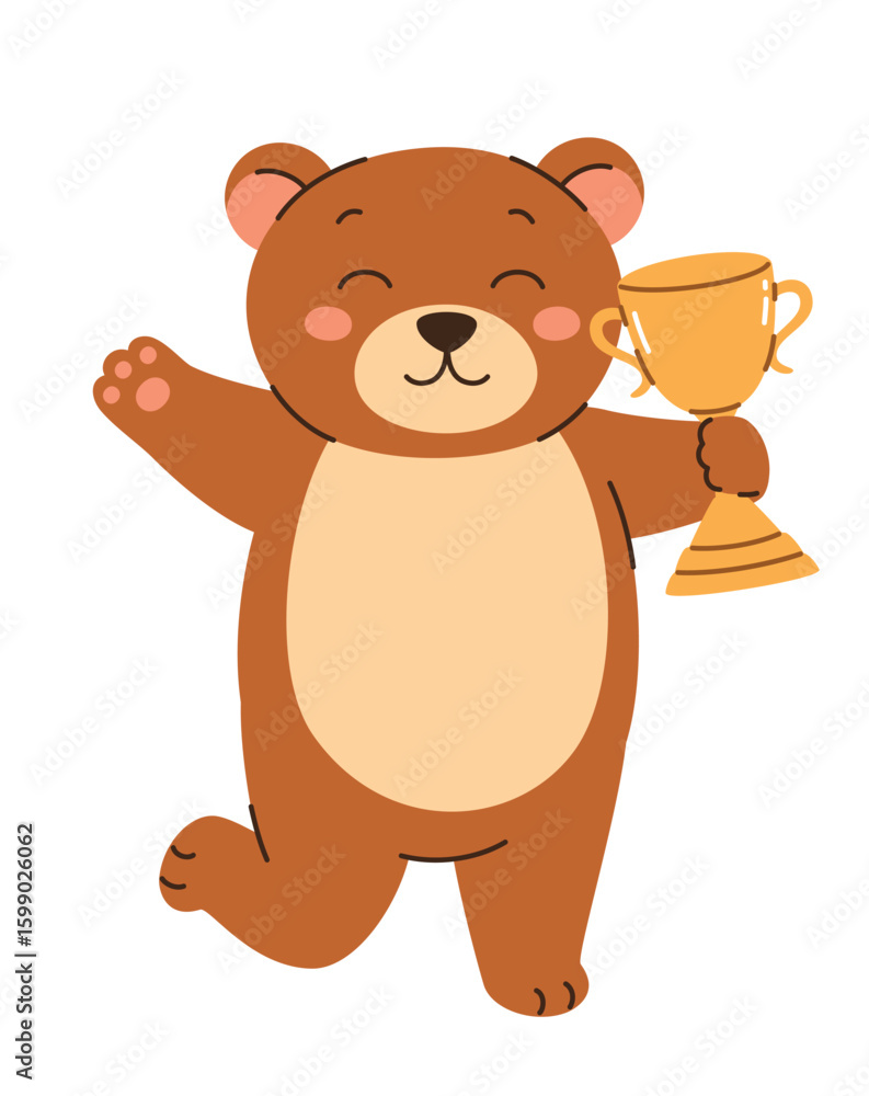 Fototapeta premium Cute winner bear holding golden cup. Flat vector illustration.