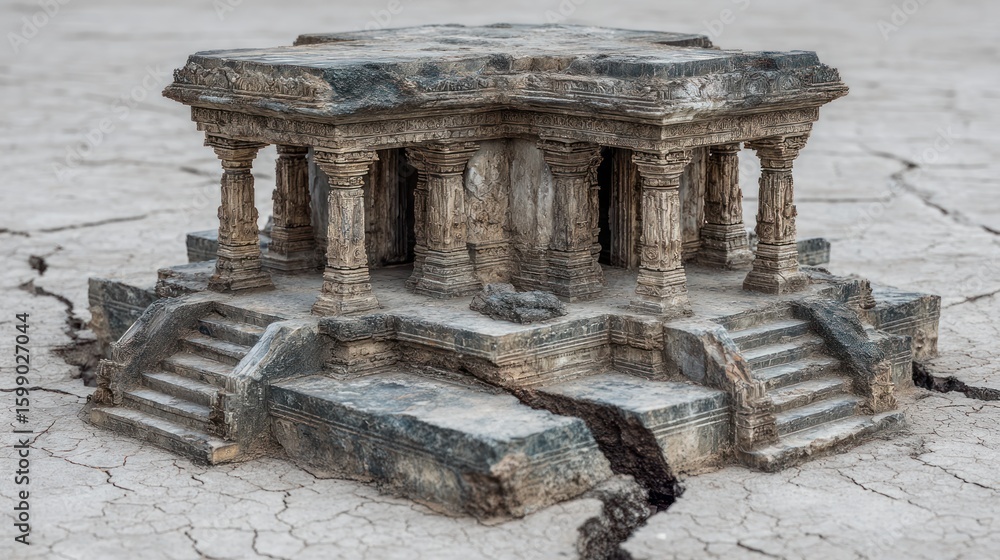 Fototapeta premium Ancient temple miniature on cracked dry land symbolizing forgotten culture