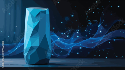 Abstract illustration of a smart speaker with digital connection elements and glowing effects.
