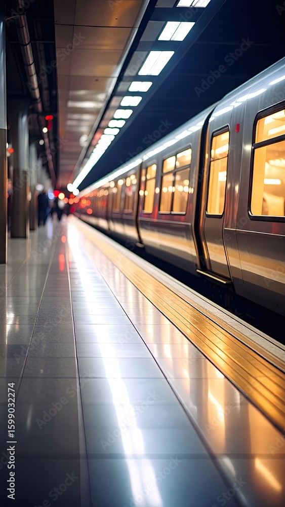 Obraz premium Subway Train Arriving At Station Platform Under Artificial Warm Lighting with Reflections